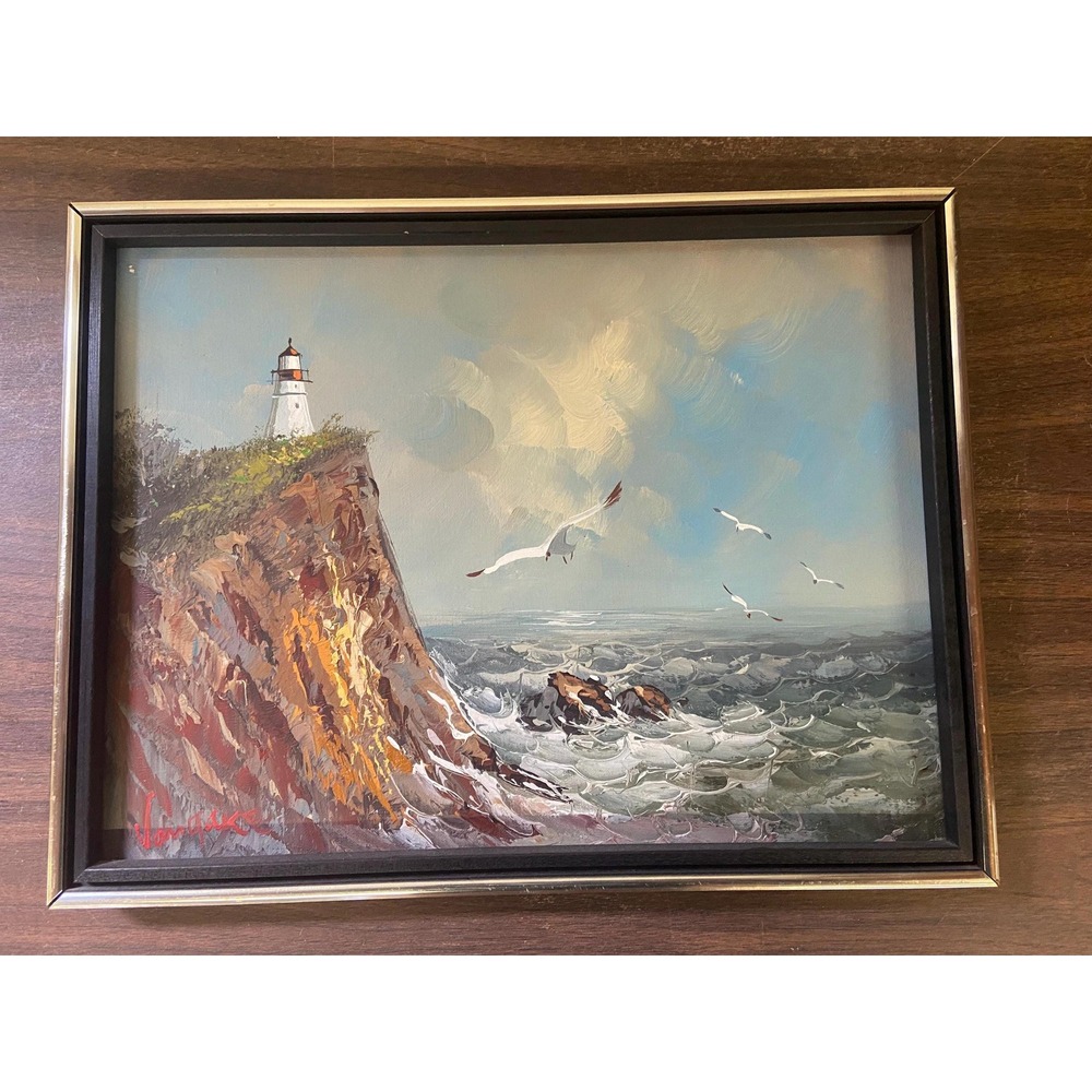 Vintage Oil Painting Seaside Landscape with Lighthouse Signed & Framed 17x13"